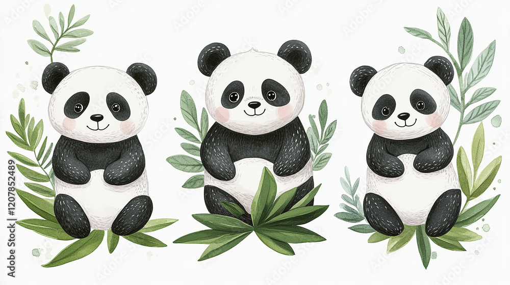 Naklejka premium Set of Pandas Isolated on White. Clipart, blanks for collage