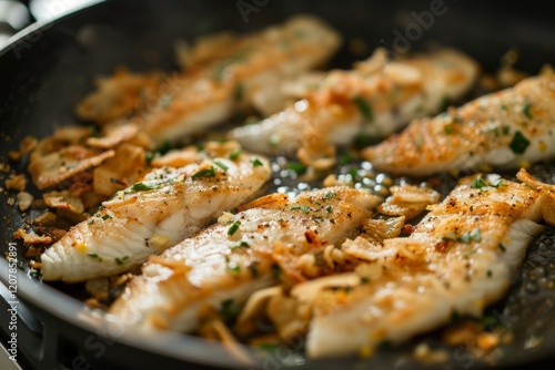 Crispy fried fish pieces in a frying pan, topped with tasty cracklings
