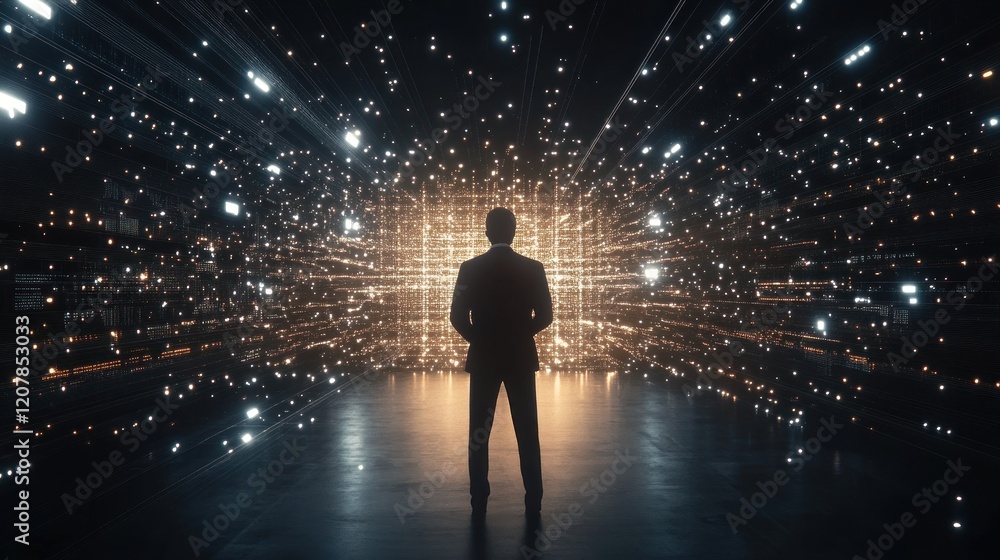 Businessman, data streams, digital future, night, glowing, technology, innovation, success, website, banner Businessman, data streams, digital future, night, glowing, technology, innovation, success, website, banner
