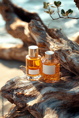 Two bottles of perfume on a sandy beach around a tree