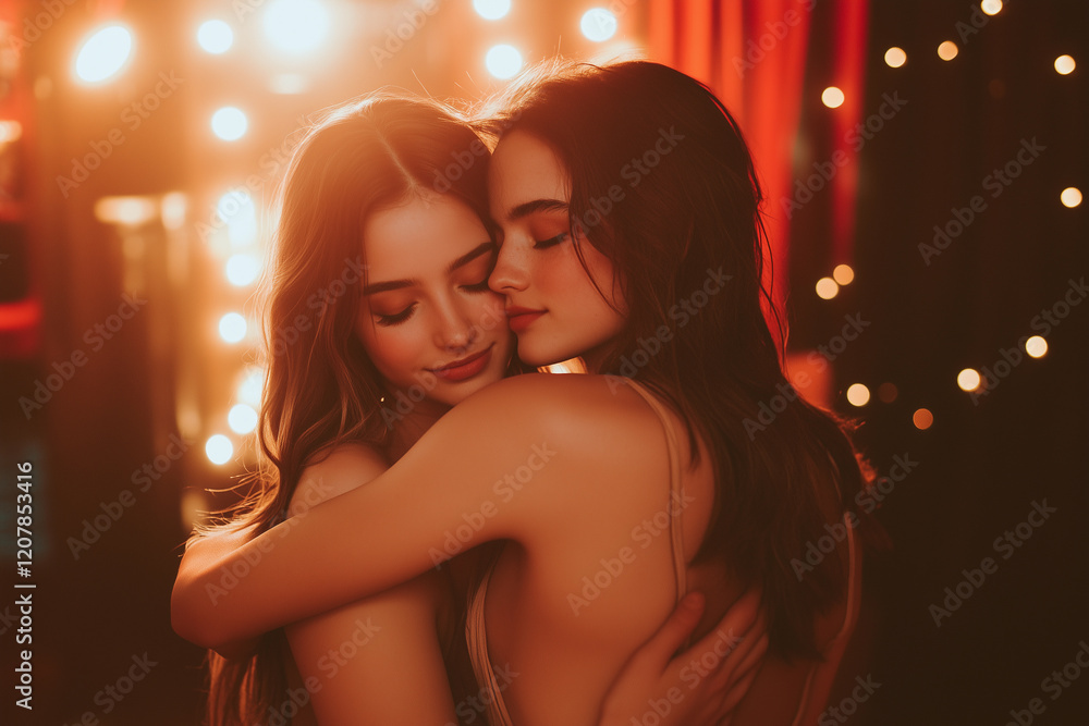 two women hugging each other in front of a window with lights on it and a red curtain behind them two women hugging each other in front of a window with lights on it and a red curtain behind them