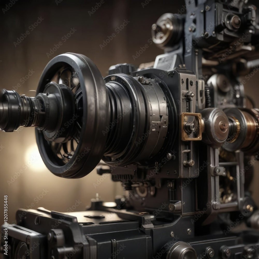 Close-up of film projector mechanism in moody lighting, technology, vintage, cinematic Close-up of film projector mechanism in moody lighting, technology, vintage, cinematic