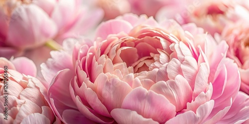 Close-up of delicate pink peony petals unfolding like tiny cups, flower close-up, flower arrangement, plant details photo