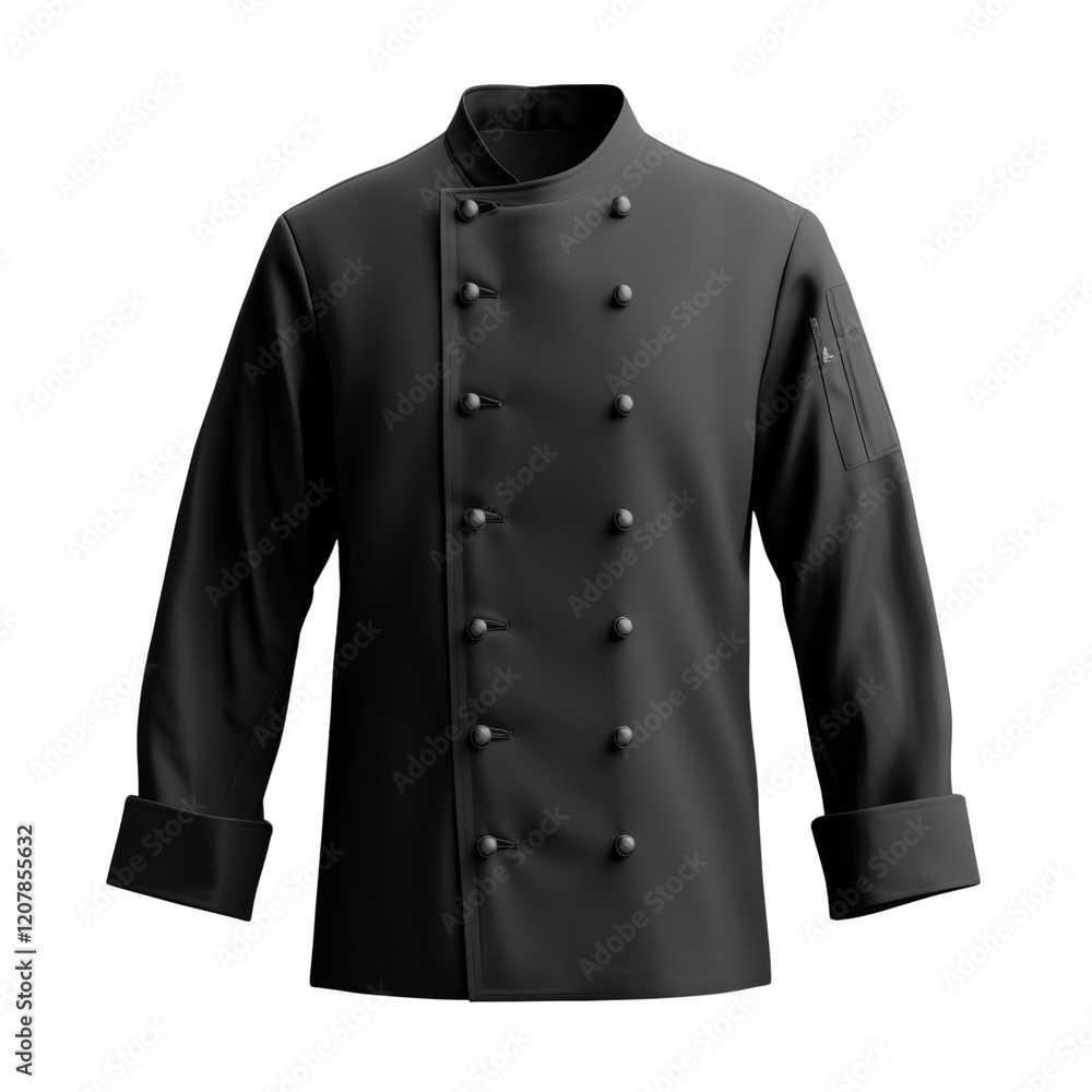 A black chef's jacket is displayed against a neutral background showcasing its design and details. A black chef's jacket is displayed against a neutral background showcasing its design and details.