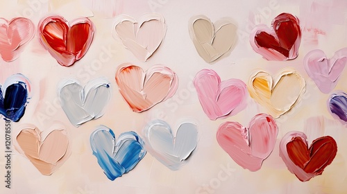 Valentines day, pattern, vibrant painting of hearts in soft pink, red, blue, and cream tones, evoking love and warmth with textured brushstrokes
