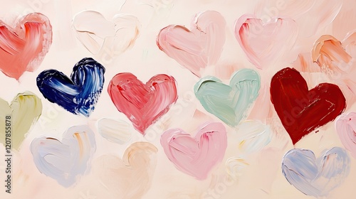 Valentines day, pattern, vibrant painting of hearts in soft pink, red, blue, and cream tones, evoking love and warmth with textured brushstrokes