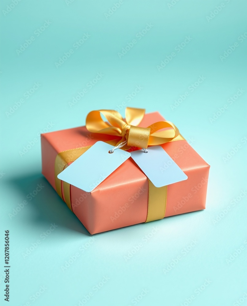 Obraz premium Elegant Coral Gift Box with Yellow Ribbon on Turquoise Background