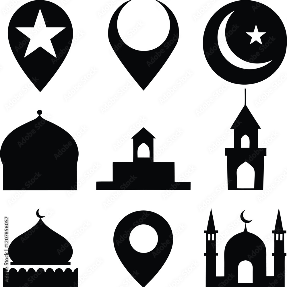 Fototapeta premium a collection of black silhouette icons representing Islamic landmarks and symbols.