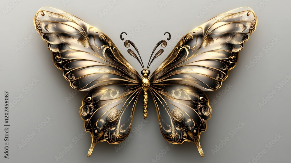Fototapeta premium Ornate gold butterfly, studio backdrop, elegant design, decorative art