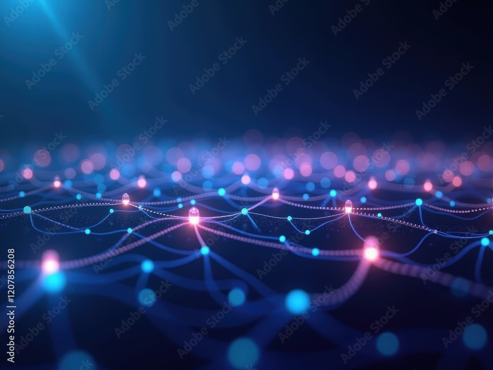 Obraz premium Dynamic representation of multi-agentic AI showcasing interconnected networks of light in a deep, abstract space