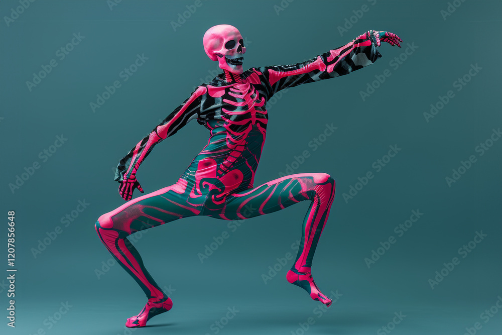 Skeleton in Neon Pink Costume Executing a High Kick on Teal Background Skeleton in Neon Pink Costume Executing a High Kick on Teal Background
