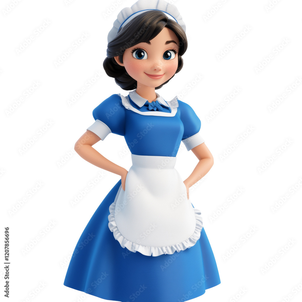 The image shows a happy cartoon depiction of a young maid wearing a blue dress and white apron. The image shows a happy cartoon depiction of a young maid wearing a blue dress and white apron.