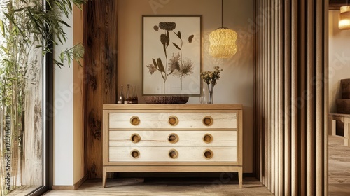 A wooden living room interior featuring a dresser and a poster on the wall. photo