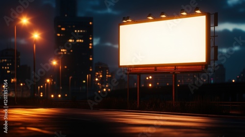 Vibrant City Street at Night Showcasing Illuminated Billboard Against a Backdrop of Urban Life and Nighttime Activity photo