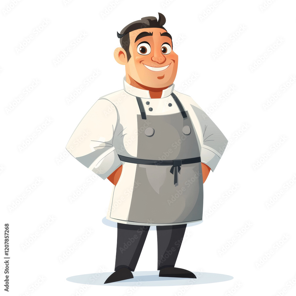 A cartoon illustration of a cheerful male chef in a white jacket and grey apron, standing with hands on hips. A cartoon illustration of a cheerful male chef in a white jacket and grey apron, standing with hands on hips.