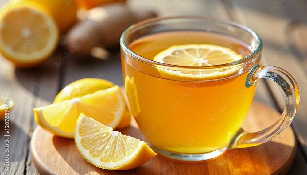 Hot ginger and lemon tea in a glass mug, soothing winter immune support Hot ginger and lemon tea in a glass mug, soothing winter immune support