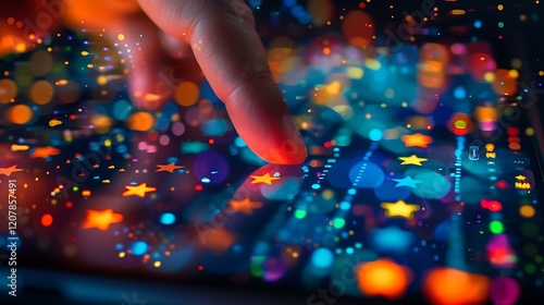 Close-up of a finger hovering over a 5-star rating option on a sleek smartphone interface, with a vibrant abstract design in the background