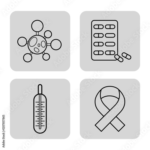 Collection of four line icons showcasing key elements of health and medicine, including molecule, medication, thermometer, and awareness ribbon, symbolizing wellness