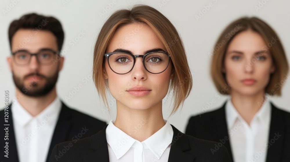 Confident Team in Black Suits: Three professionals in black suits and white shirts, two women and one man, stand united, their confident expressions reflecting professionalism and determination. Confident Team in Black Suits: Three professionals in black suits and white shirts, two women and one man, stand united, their confident expressions reflecting professionalism and determination.