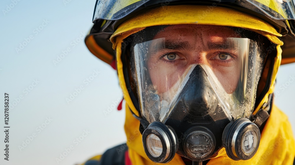 Naklejka premium Firefighter in action urban fire scene portrait emergency response close-up courage and commitment