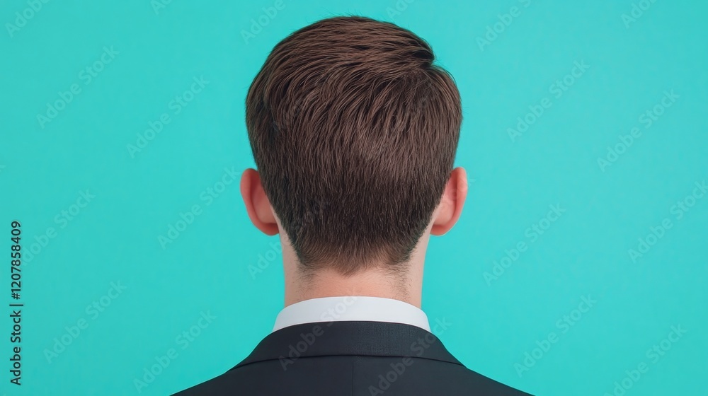 Rear View of Businessman: The back of a man in a dark suit and white collared shirt, facing away from the camera against a vibrant teal background. The image conveys professionalism, mystery. Rear View of Businessman: The back of a man in a dark suit and white collared shirt, facing away from the camera against a vibrant teal background. The image conveys professionalism, mystery.