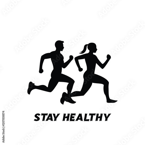 Silhouette of two people running together with the motivational text stay healthy below the image
