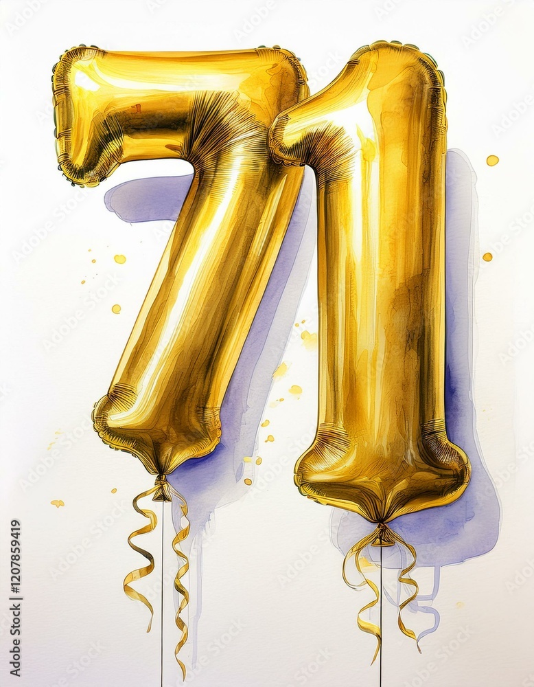 Gold birthday / anniversary party balloon, number 71, watercolor painting with white background Gold birthday / anniversary party balloon, number 71, watercolor painting with white background