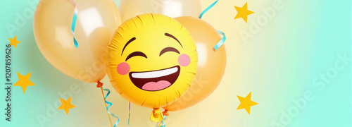 Smiling emoji balloon with yellow balloons and stars