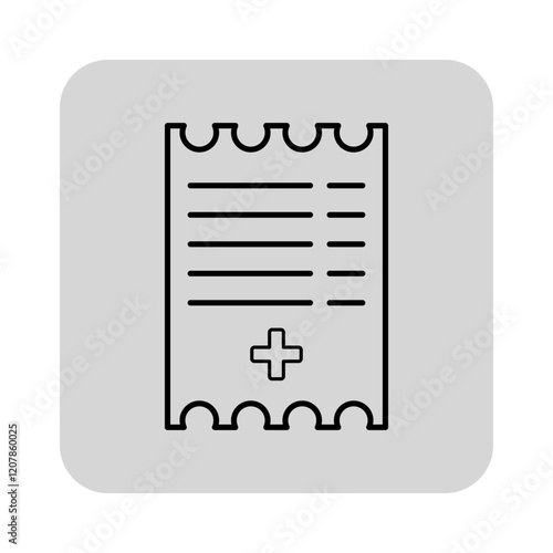 Line icon of medical prescription on grey background. Prescription with lines for text and medical cross, symbolizing healthcare