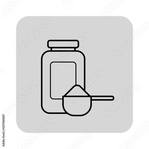 Simple line icon featuring container filled with powdered substance and scoop. Drug dosage, pharmacy concept