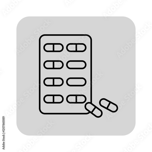 Simple line design of blister pack containing capsules, with few capsules positioned outside over gray background. Medication design suitable for health-related content