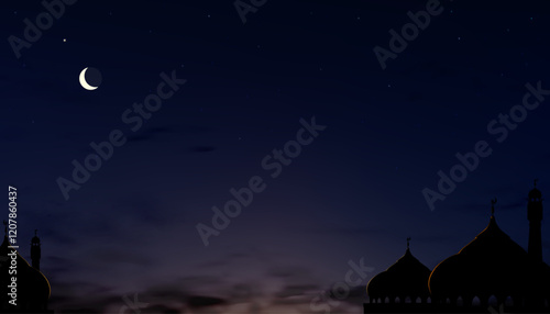 Ramadan Night background,Mosque dome silhouette on dusk sky with crescent moon,star,Banner sunset sky background for  islamic religion for Eid al-Adha,Eid Mubarak,Eid al fitr,Ramadan Kareem,Muharram