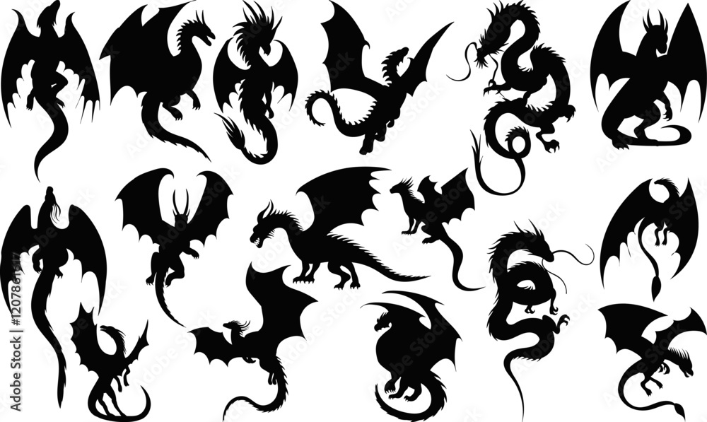 dragons in different poses silhouette set, vector collection dragons in different poses silhouette set, vector collection