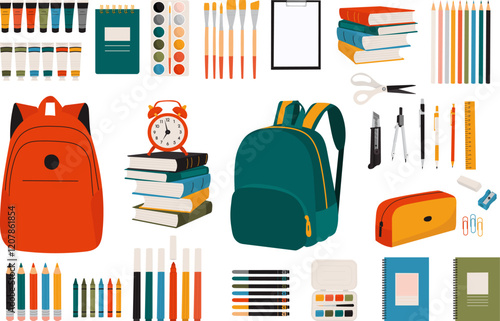 set of school supplies, backpack, books, stationery vector