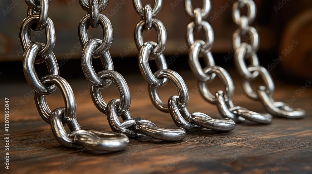 Fototapeta premium Steel chains workshop detail, wood background