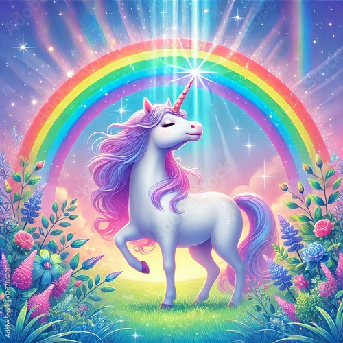 A unicorn poking its horn amidst a rainbow set in a magical mead