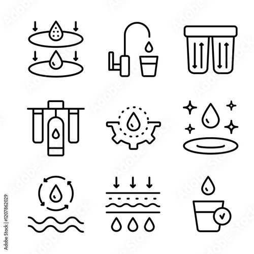 Simple Set of Water Related Vector Line Icons. Water purification icon set. Wastewater treatment collection. Osmosis and desalination. Filtration process. Potable water symbols