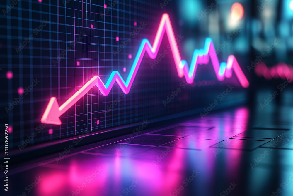 A neon graph with an arrow pointing upwards A neon graph with an arrow pointing upwards