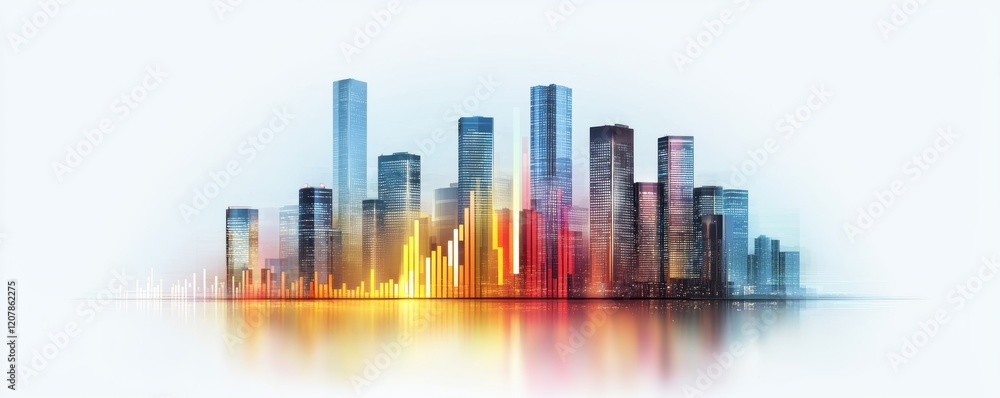 Fototapeta premium City skyline with vibrant colors and reflections.