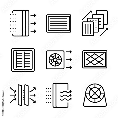 Air Filter And Airflow Collection Icons Set Vector. Air Filter Equipment, Domestic Device For Filtration Concept Linear Pictograms. Filtration process