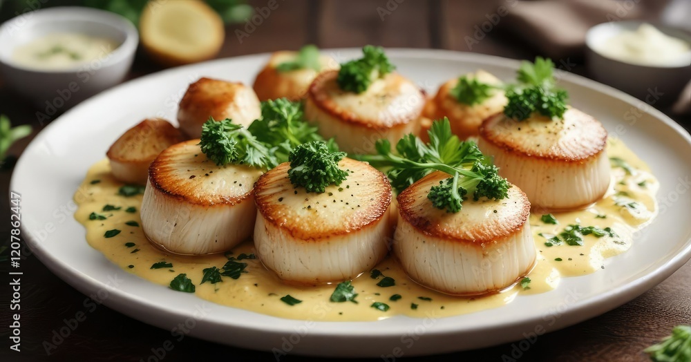 Baked scallops with creamy cheesy sauce and fresh parsley garnish , white baking dish, rich Baked scallops with creamy cheesy sauce and fresh parsley garnish , white baking dish, rich