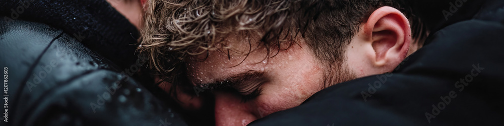 Obraz premium Close-up Photograph of Sweating Man Embraced
