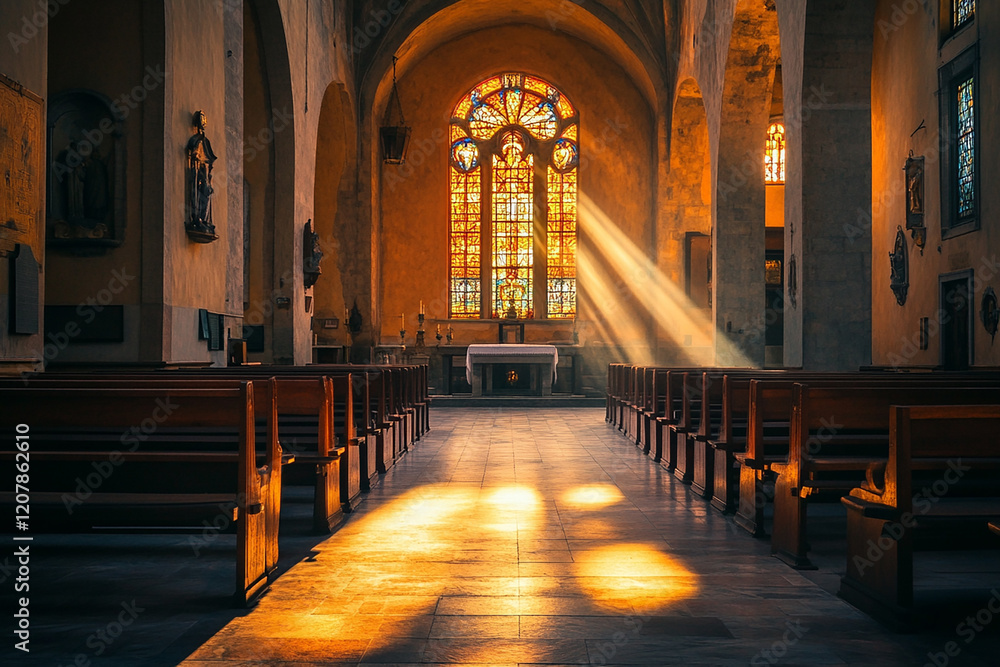 Fototapeta premium Sunlight streams through the tall windows, casting long shadows and creating an atmosphere of serenity and hope in the church's
