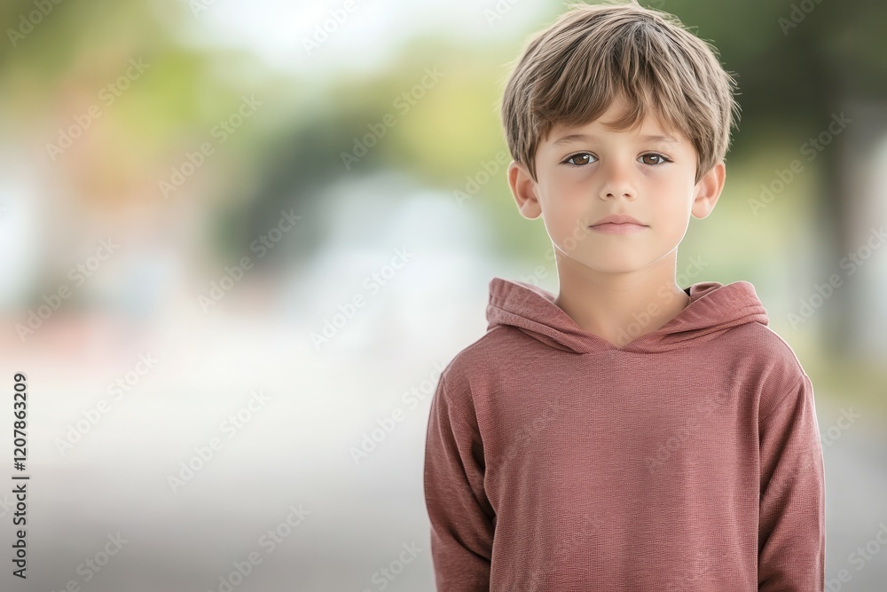 Young caucasian boy in pink hoodie standing outdoors. Young caucasian boy in pink hoodie standing outdoors.