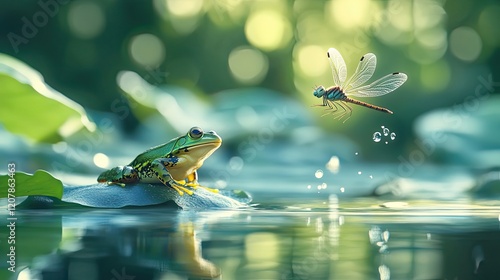 Green Frog and Dragonfly by Water Lily Pad photo