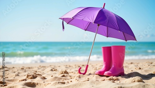 Wallpaper Mural Pink rubber boots under a purple umbrella on a sandy beach, sunny summer day Torontodigital.ca