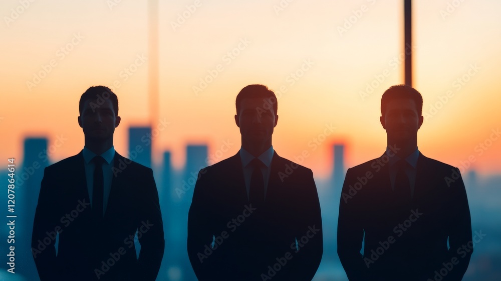 Silhouettes of Success: Three businessmen stand tall and united against the backdrop of a breathtaking cityscape sunset. Their silhouettes are bold and resolute, signifying strength, ambition. Silhouettes of Success: Three businessmen stand tall and united against the backdrop of a breathtaking cityscape sunset. Their silhouettes are bold and resolute, signifying strength, ambition.