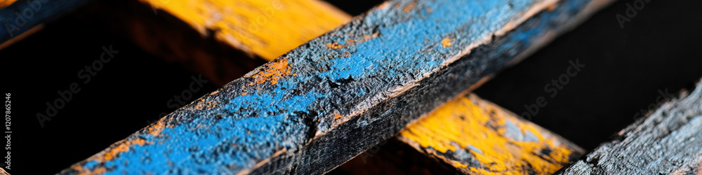 Fototapeta premium Close-up of Intersecting Weathered Wooden Beams with Chipped Blue and Yellow Paint