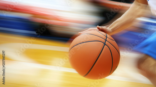 A slow-motion style shot of a basketball player passing the ball mid-game, enhanced with motion blur to capture the intensity, action, and dynamic energy of the moment.