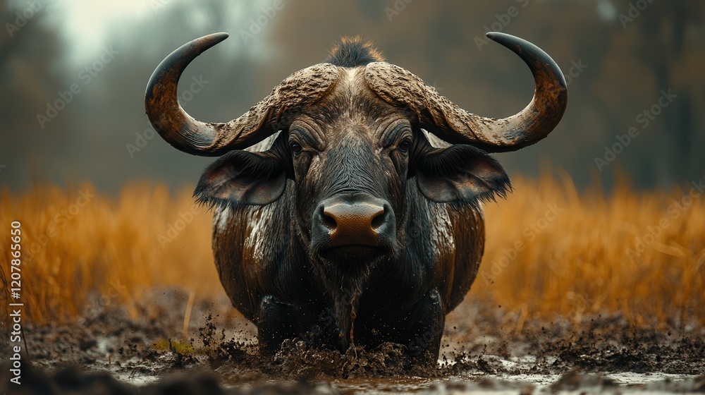 Majestic buffalo standing in muddy field with strong build. Majestic buffalo standing in muddy field with strong build.